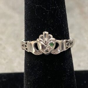 Vintage 925 Siver Claddagh Ring with tiny Emerald and diamond stone